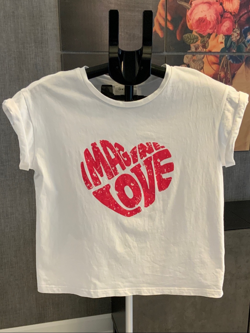 Grace & Mila White Short Sleeve Tee with Red 'Imagine Love' Heart Graphic S